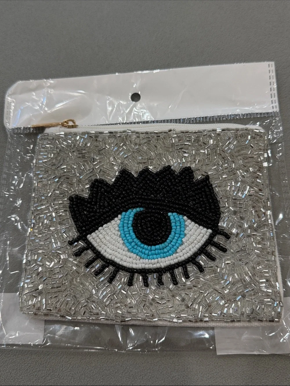 Beaded Eye Zip Pouch - Silver and Blue